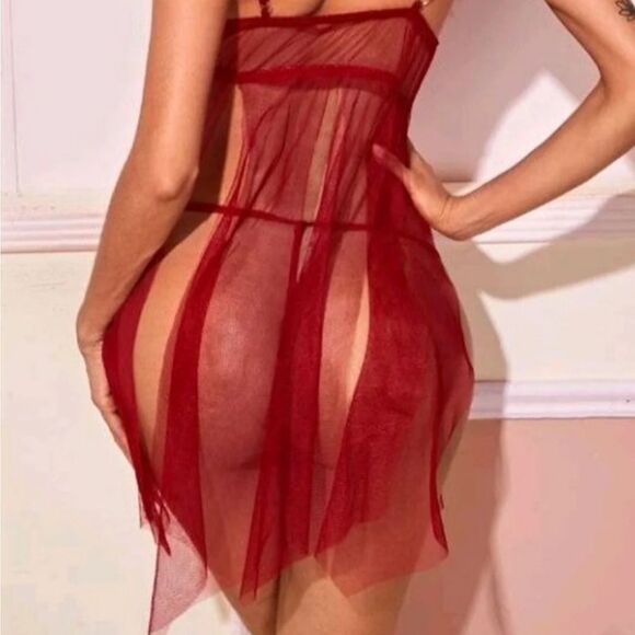 Mesh Lace Burgandy Babydoll Set - Picture 9 of 9